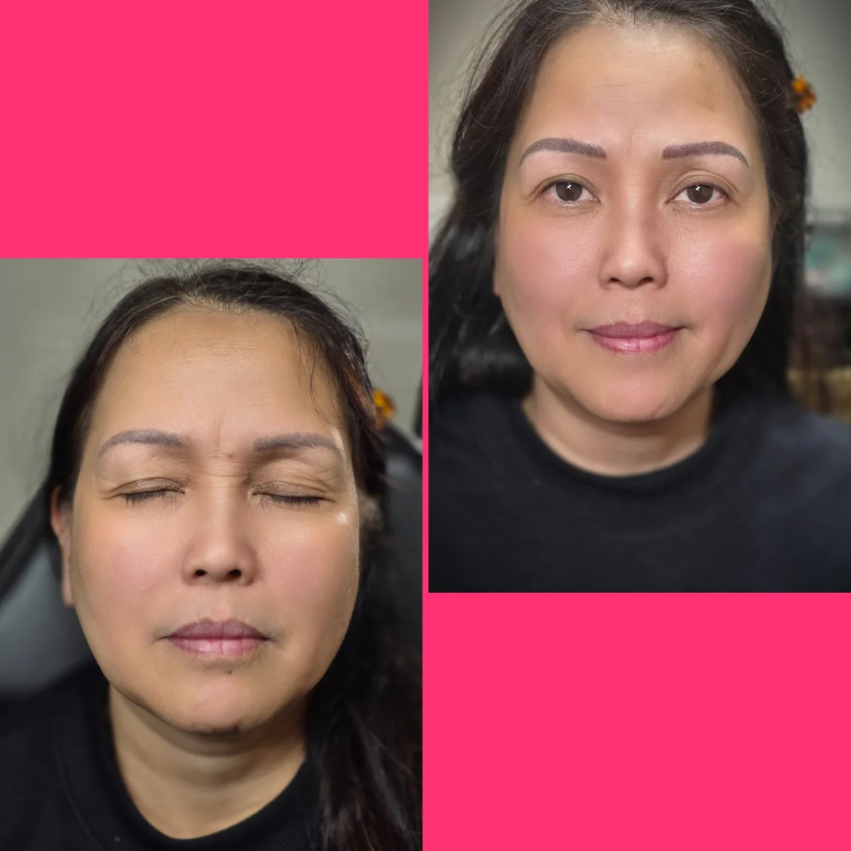 Nano Brows before and after result showing natural machine hair strokes